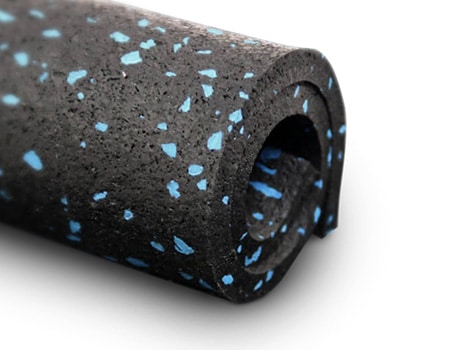 black with blue speckled rubber sports flooring on a roll