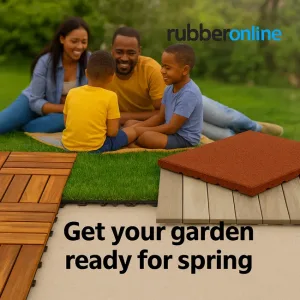 Family in garden with outdoor flooring for spring from RubberOnline