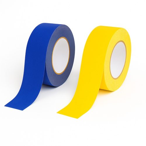 blue and yellow ant-slip tape on roll 5cm width white background
