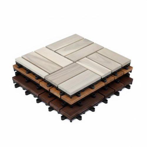 Acacia wood deck tiles in Checker Pattern stacked in light, natural and dark colours