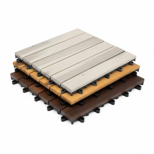 Acacia wood deck tiles in Straight Pattern shown in multiple colours stacked together.