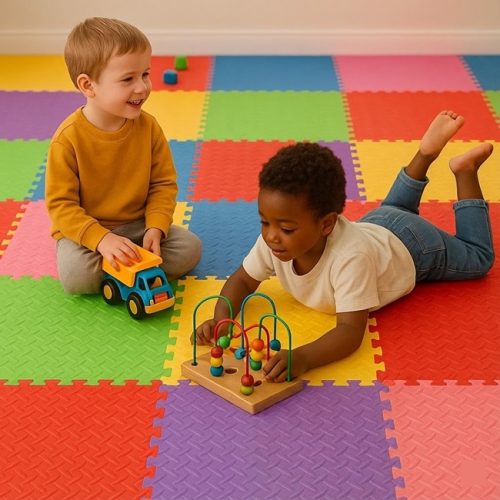 Children playing on colourful interlocking foam tiles – 12mm playroom flooring