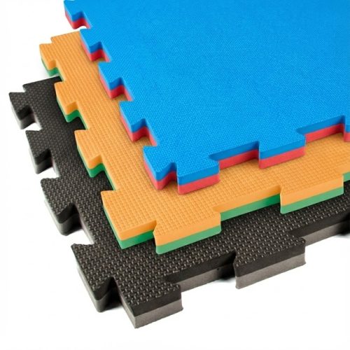 EVA foam tatami mats with anti-slip texture, reversible colours and interlocking puzzle edges, 1m x 1m training tiles