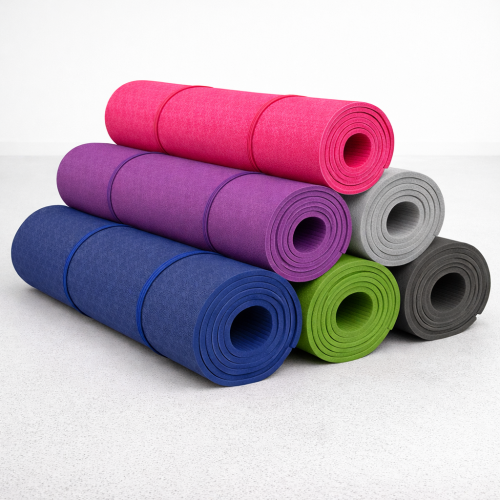 TPE yoga mat rolled up with shoulder strap, non-slip surface, available in six colours
