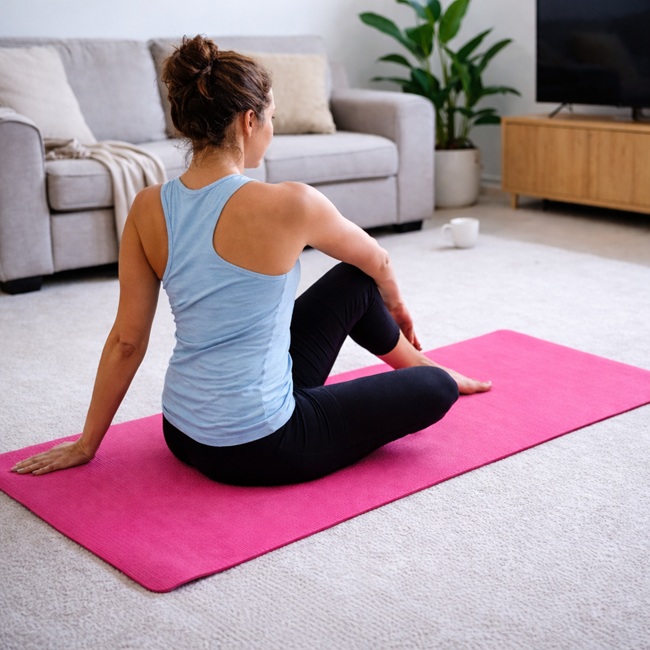 Woman practising yoga at home on a pink yoga mat in a living room