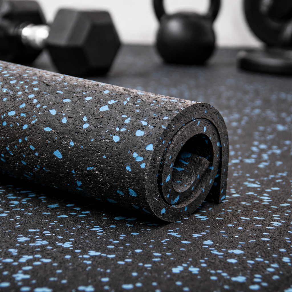 Close-up of rolled rubber sports flooring with blue speckles, designed for gym and training areas