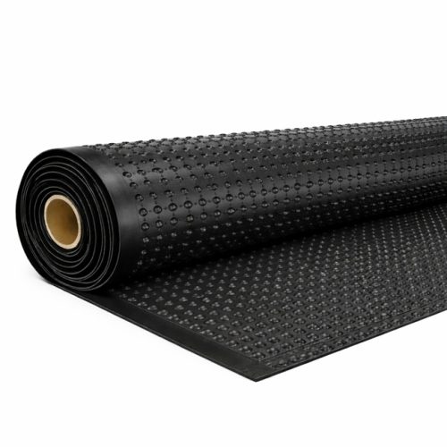 Detail view of a black anti-fatigue rubber mat with raised dome stud pattern and straight edge profile on a white background.
