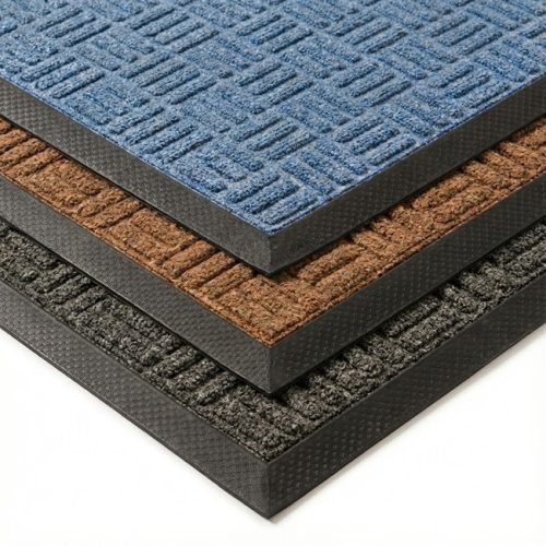Entrance mat checker with anti-slip rubber backing, shown in blue, brown and grey colours for indoor use