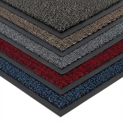 Indoor entrance mat with anti-slip rubber backing, available in blue, red, grey, brown and charcoal, shown in layered colour stack