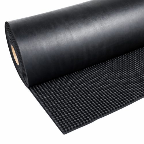 Black rubber fingertip mat on roll with raised rubber studs on the surface, suitable for entrances and industrial applications.