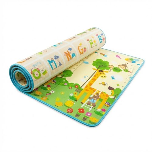 EVA foam play mat with alphabet and animal print, rolled and partially unrolled for indoor baby and kids play areas
