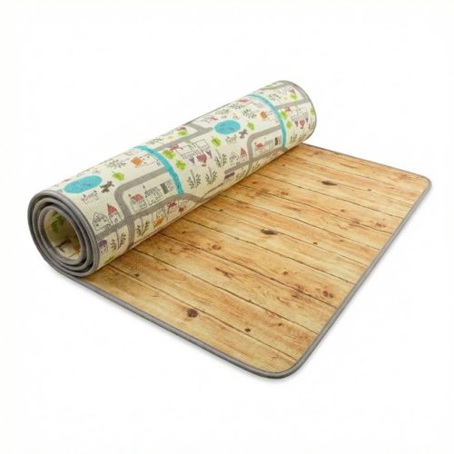 EVA foam play mat with alphabet and wood print, rolled and partially unrolled for indoor baby and kids play areas