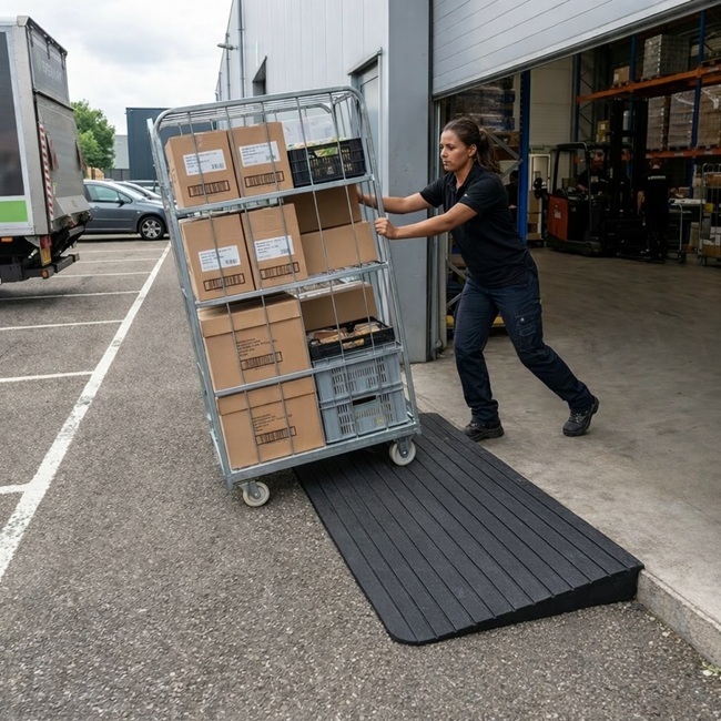 Warehouse employee pushing a loaded roll cage over a heavy-duty rubber threshold ramp at a warehouse entrance to move goods safely over a raised doorstep.