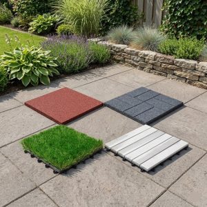 Outdoor flooring samples on a patio, including artificial grass tile, wood deck tile, rubber tile and grey outdoor tile.