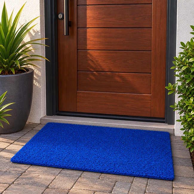 Blue spaghetti mat placed outside the front entrance of a South African home