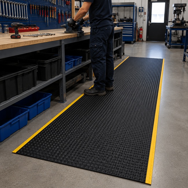 Worker standing on an anti-fatigue mat with yellow edging in front of a workshop workbench.
