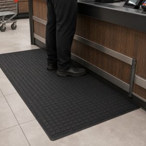 Cobblestone anti-fatigue mat placed behind a retail checkout counter to provide comfort for staff who stand for long periods