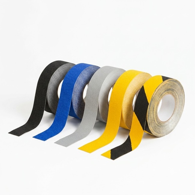 Anti-slip tape rolls in black/yellow hazard, yellow, blue, grey and black.