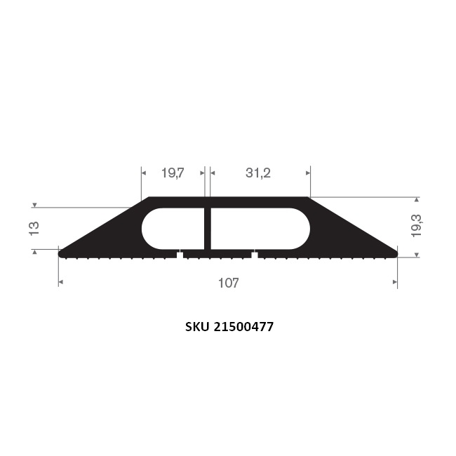 Side profile of a 2 channel PVC cable cover for indoor floor cable protection