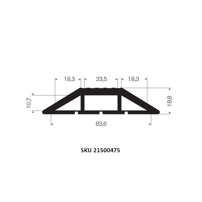Side profile of a 3 channel PVC cable cover for indoor floor cable protection