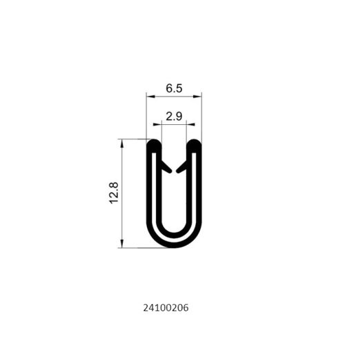 Alt text: Cross-section diagram of plain edge trim profile 24100206, showing a 2.9 mm internal grip width, 6.5 mm overall width and 12.8 mm overall height.