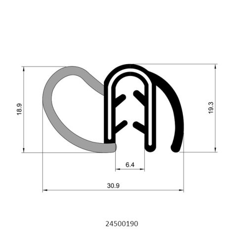 Cross-section diagram of side bulb rubber seal profile 24500190 with lip, showing a 6.4 mm clamping range and overall dimensions of 30.9 mm wide by 19.3 mm high.