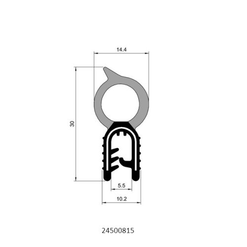 Alt text: Cross-section diagram of top bulb rubber seal profile 24500815, showing a 5.5 mm clamping range and overall dimensions of 14.4 mm wide by 30 mm high.