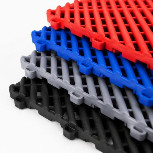 Interlocking garage floor tiles available in black, grey, blue and red.