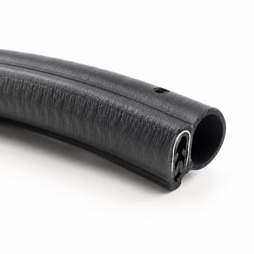 Alt text: Close-up of black side bulb rubber seal profile with metal-reinforced clamp section and hollow sealing bulb.