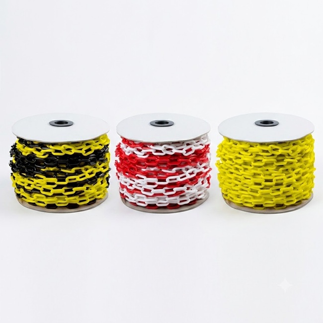 PVC plastic chain rolls in black and yellow, red and white, and yellow