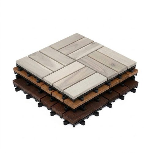 Acacia wood deck tiles in Checker Pattern stacked in light, natural and dark colours