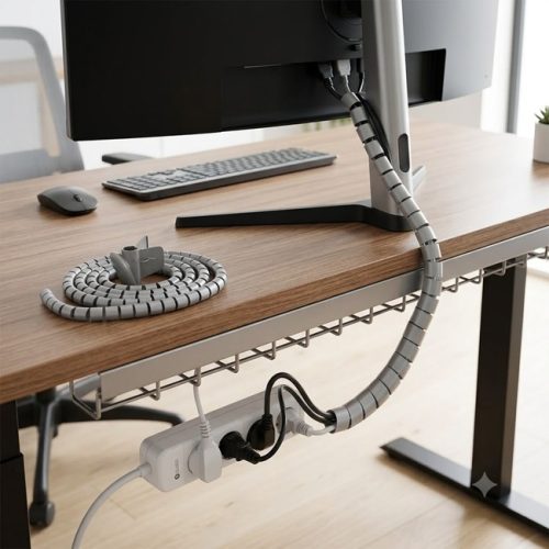 Grey spiral cable wrap organising computer cables under an office desk for safe and tidy cable management.