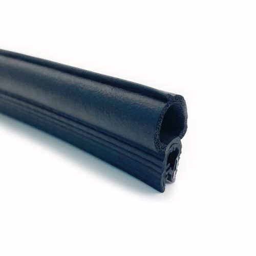 Alt text: Close-up of black top bulb rubber seal profile with hollow foam bulb and metal-reinforced clamp section.