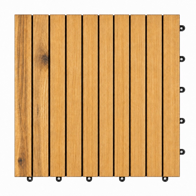 Light brown acacia wood deck tile in straight pattern with interlocking plastic base