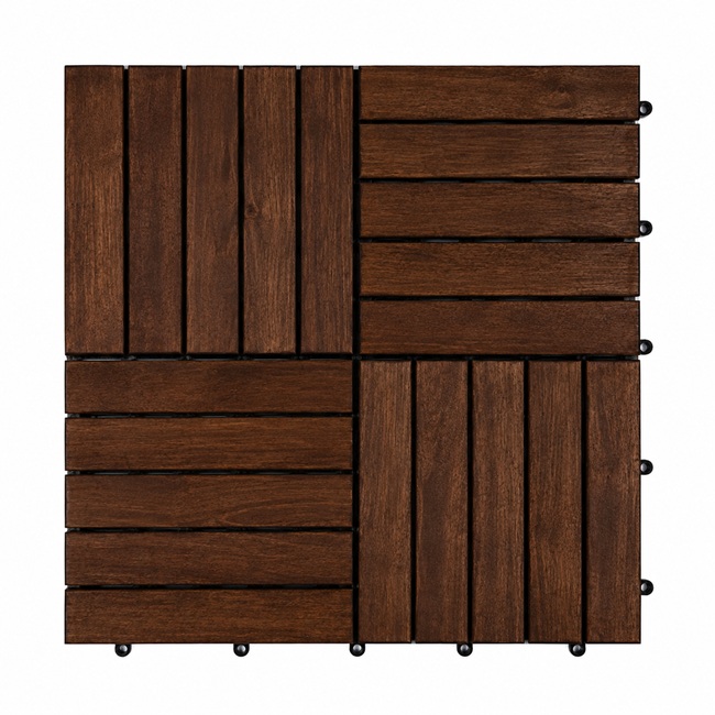 dark brown acacia wood deck tile in checker pattern with interlocking plastic base