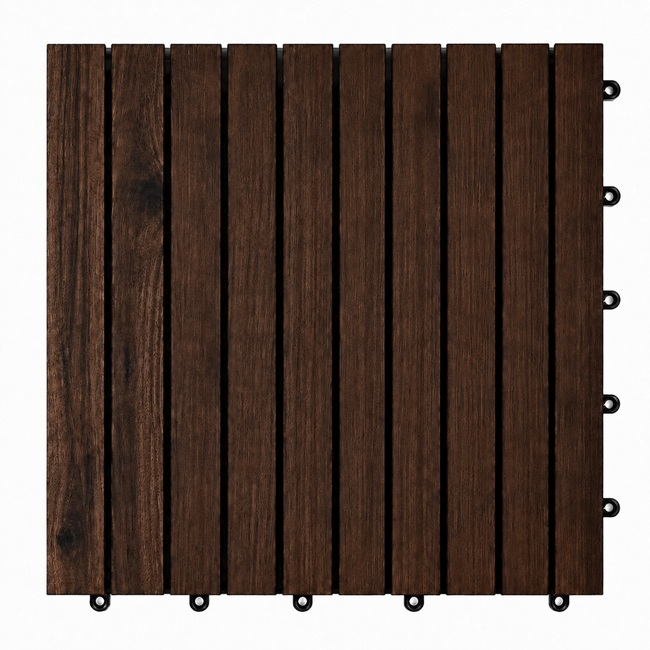 Dark brown acacia wood deck tile in straight pattern with interlocking plastic base