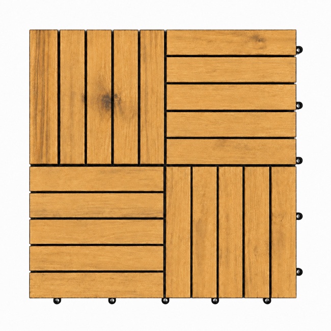 Light brown acacia wood deck tile in checker pattern with interlocking plastic base