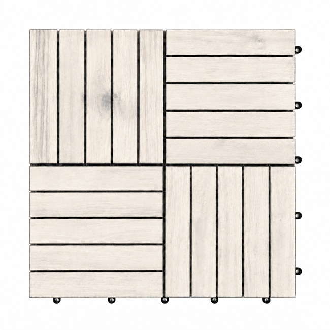 White wash acacia wood deck tile in checker pattern with interlocking plastic base
