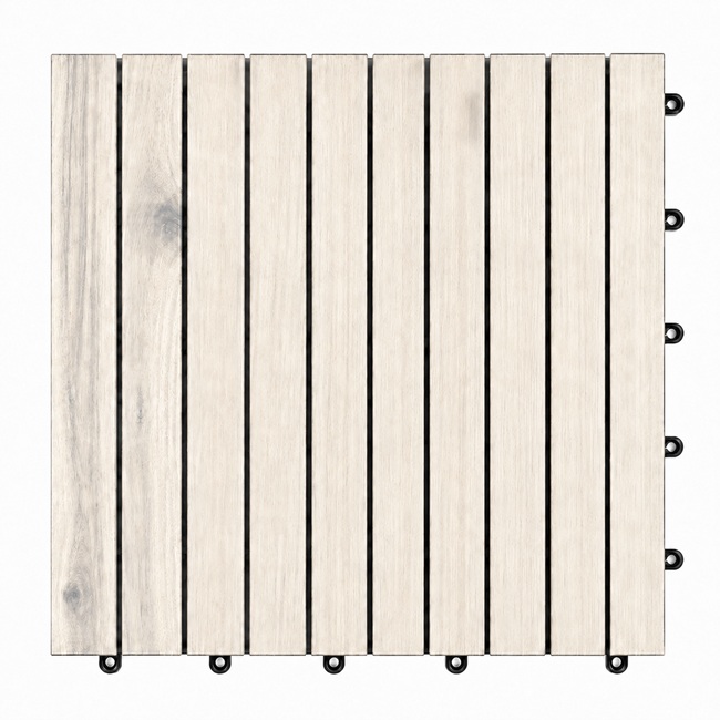 White wash acacia wood deck tile in straight pattern with interlocking plastic base