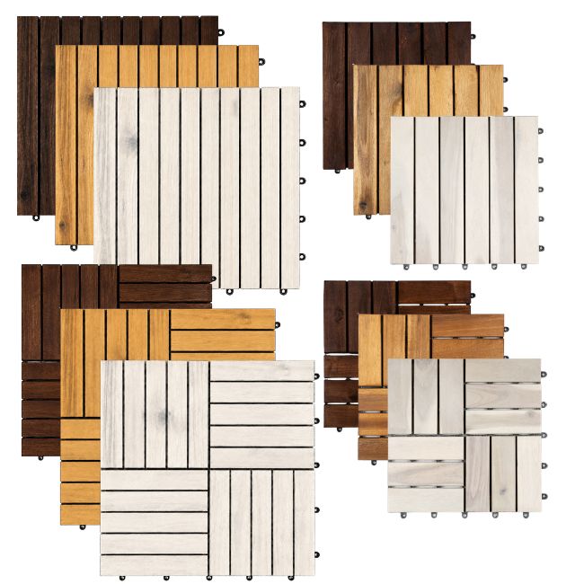 Acacia wood deck tiles in straight and checker patterns, available in dark brown, light brown and white wash 50x50cm and 30x30cm