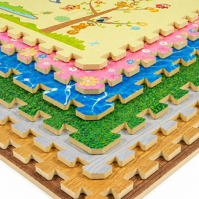 Printed EVA foam tiles with wood, grass, ocean and kids’ designs