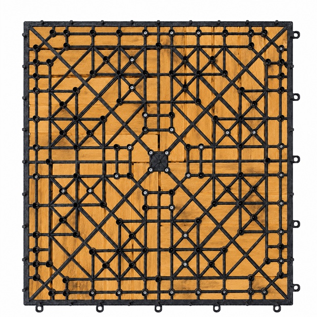 Underside of an acacia wood deck tile showing the black interlocking plastic base and drainage grid
