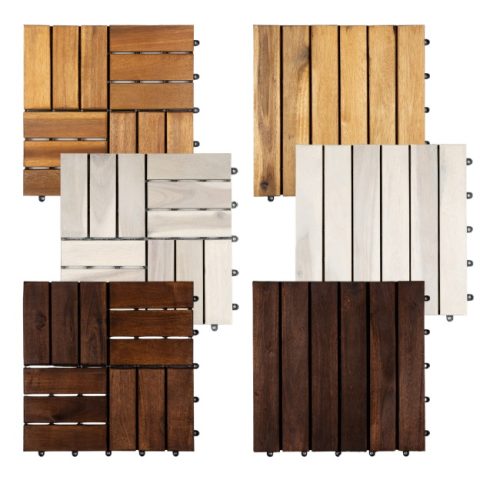 **Alt text:** `Acacia wood deck tiles in straight and checker patterns, shown in light brown, white wash and dark brown`